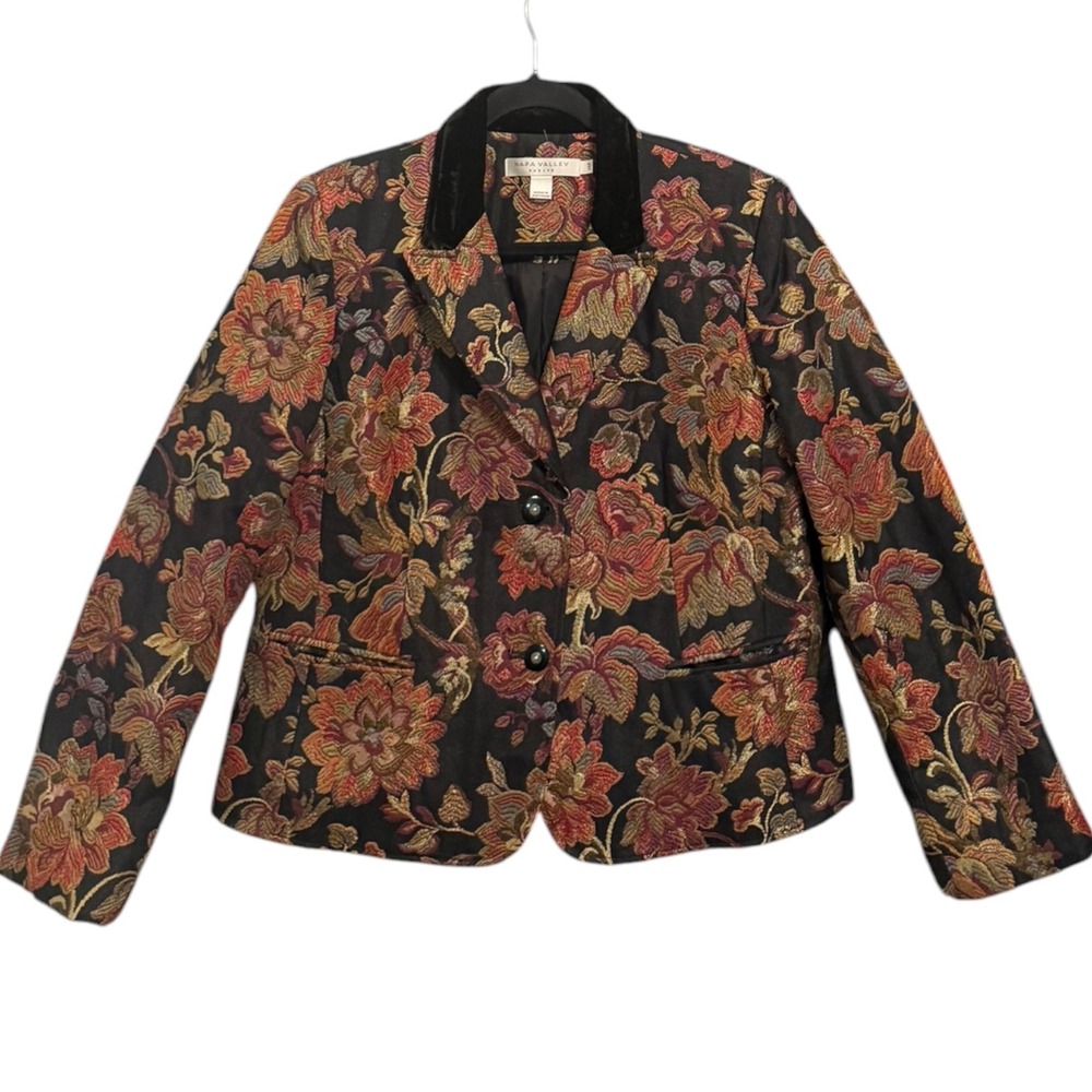 Vtg 90s Napa Valley Floral Tapestry Jacket Womens 14P Velvet Collar Whimsigoth